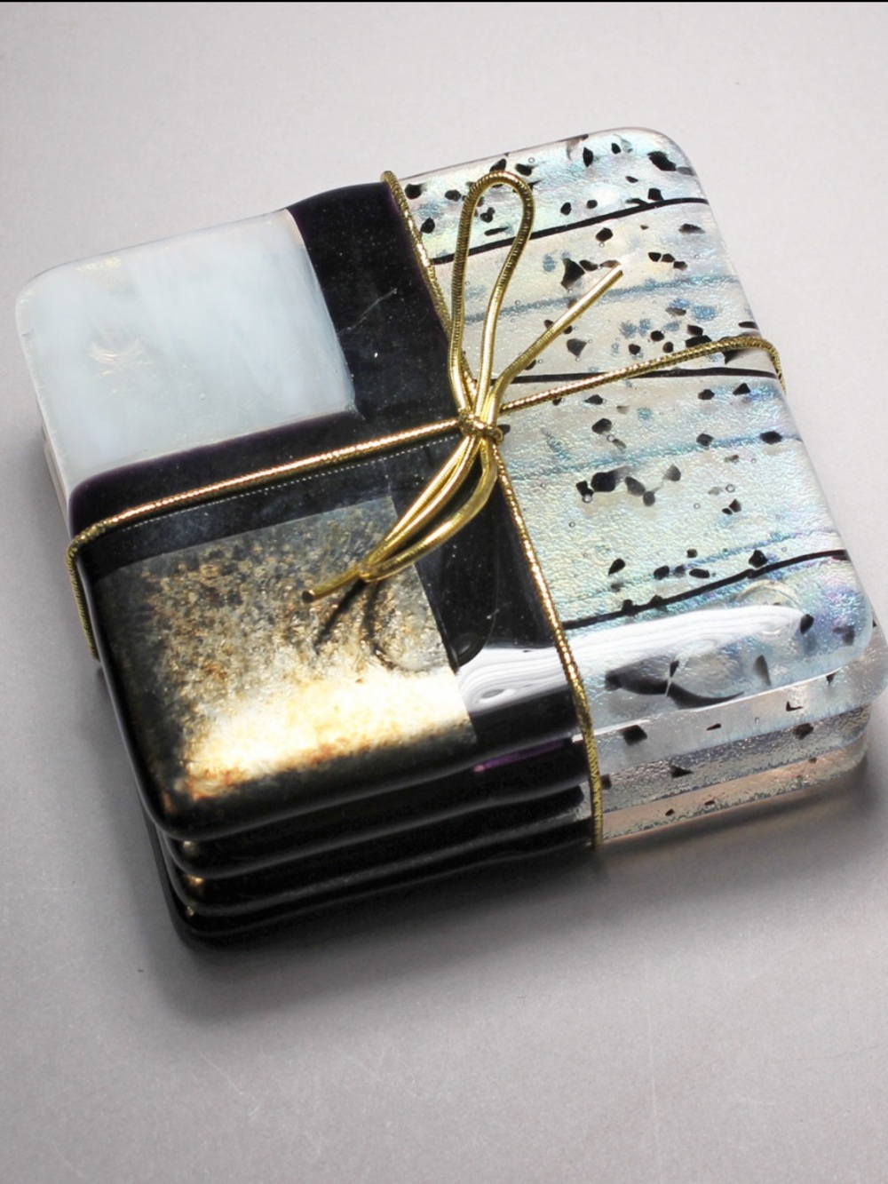 New! Fused Glass Checkered Coasters in Iridescent Gold, Marble white &Confetti—4